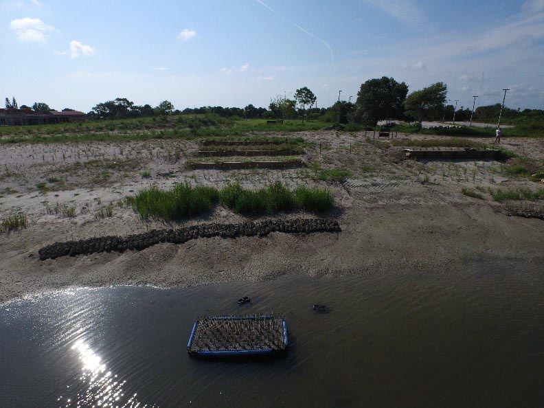 The Shoreline Demonstration Area (from left to right): native plants, native plants with oyster bags, terracing with oyster bags, a kayak launch, a retaining wall with oyster bags