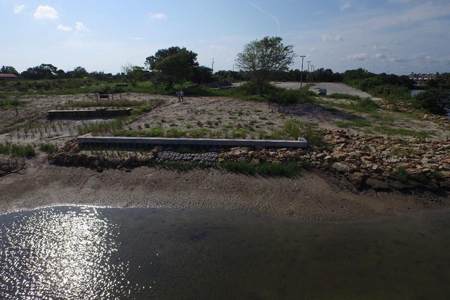 The Shoreline Demonstration Area (from left to right): a retaining wall with oyster bags, a seawall with various improvements, coquina rip-rap.