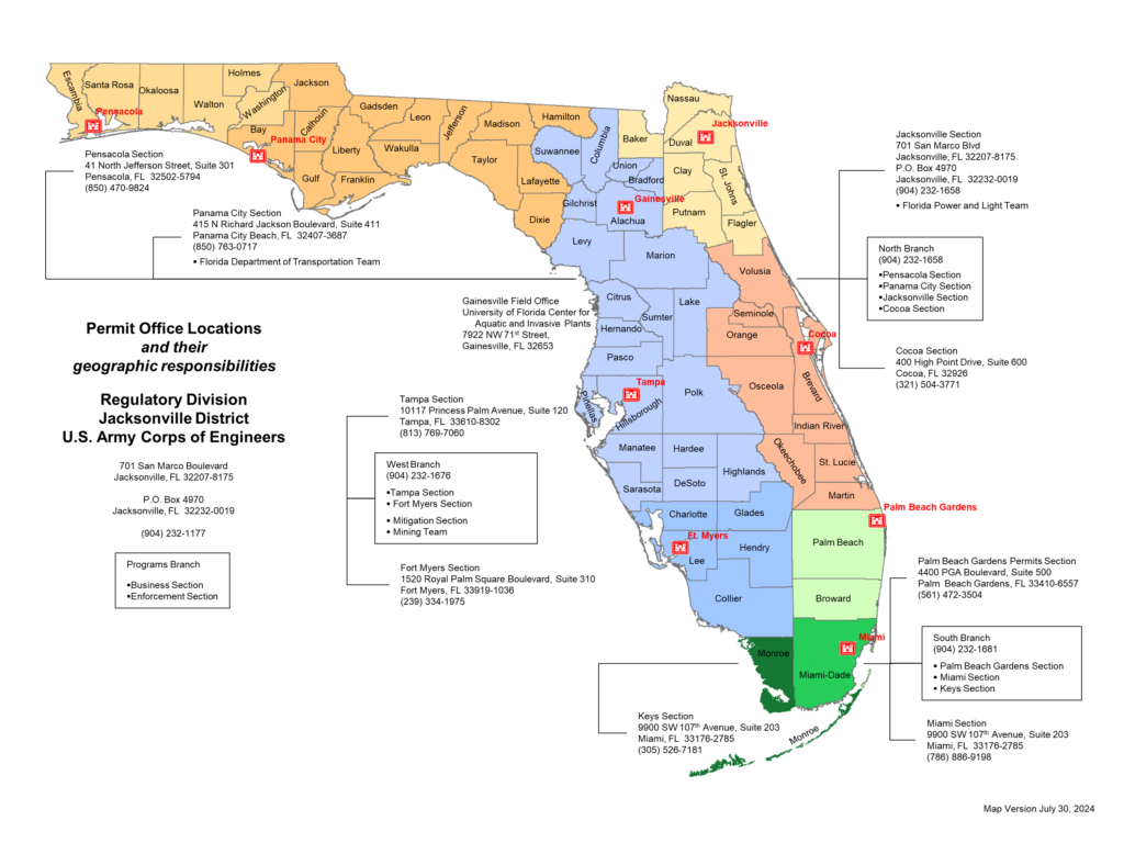 U.S. Army Corps of Engineers Permit Office locations. Showing offices are in Pensacola, Panama City, Gainesville, Jacksonville, Cocoa, Tampa, Palm Beach Gardens, Ft. Myers, and Miami.
